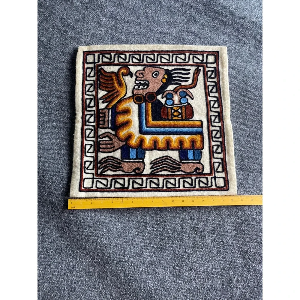 Peruvian Hand Embroidered Wool Pillow‎ Cover Incan Mythological Folk Art 15x15